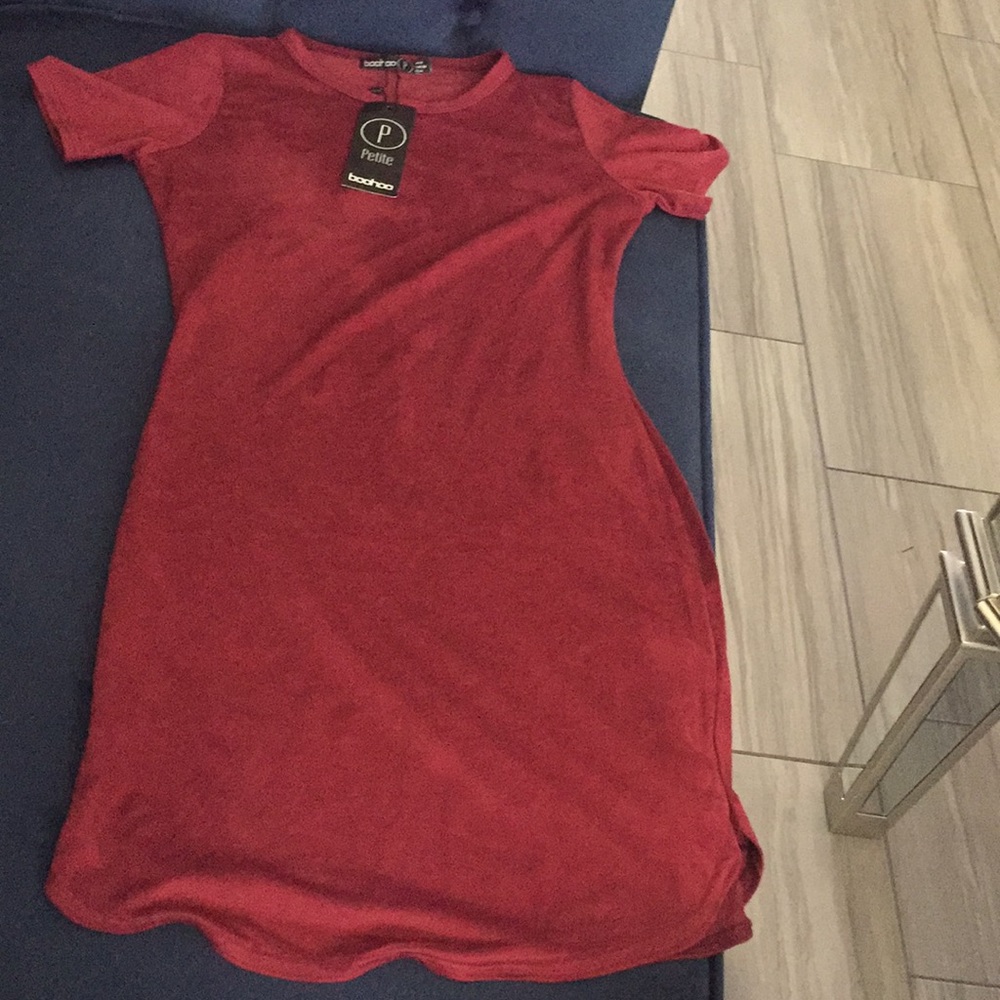 SOLD Petite Tia Suedette Curved Hem Mini Dress BERRY - Picture 3 of 6
